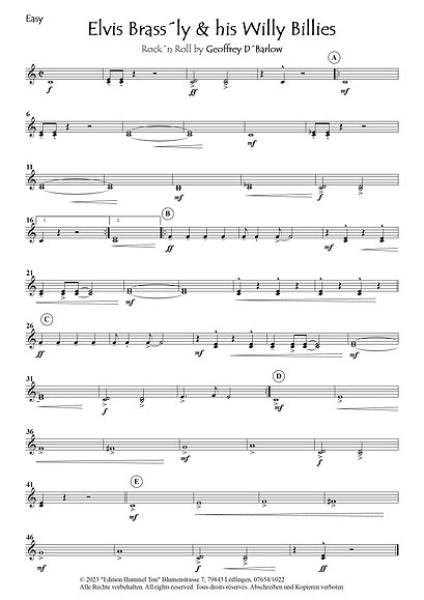 Elvis Brass´ly & his Willy Billies, Geoffrey D. Barlow, Akkordeonorchester, Rock'n'Roll, Easy-Stimme, Kiddy-Stimme, leicht-mittelschwer, Akkordeon Noten, Beispielseite