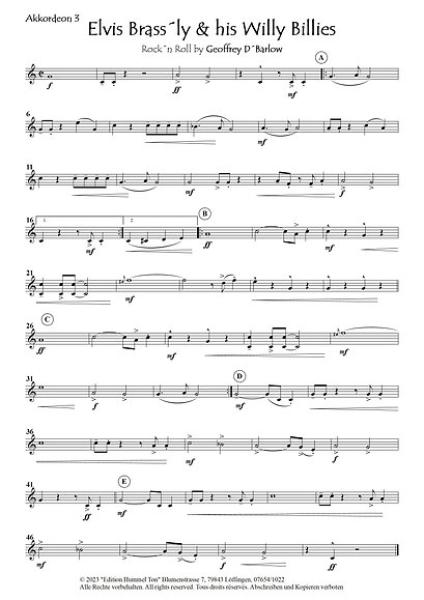 Elvis Brass´ly & his Willy Billies, Geoffrey D. Barlow, Akkordeonorchester, Rock'n'Roll, Easy-Stimme, Kiddy-Stimme, leicht-mittelschwer, Akkordeon Noten, Notenbeispiel
