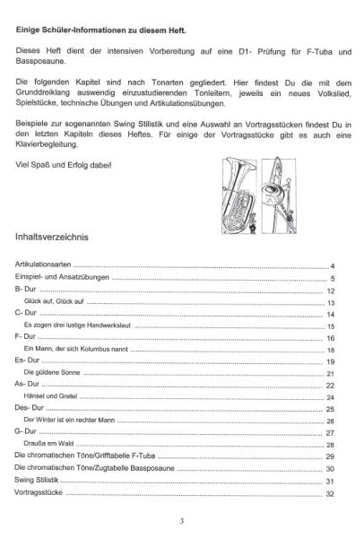 Übungsheft D1 für Tuba in F/Bassposaune, Bernd Nawrat, Blechblasinstrumente, tiefes Blech, Prüfungsvorbereitung, D-Lehrgang, Einzelunterricht, Gruppenunterricht, Spielstücke, Vortragsstücke, leicht, Musiktheorie, praxisorientiert, Posaunen Noten, Tuba Not