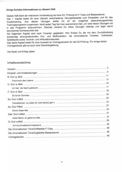 Übungsheft D2 für Tuba in F/Bassposaune, Bernd Nawrat, Blechblasinstrumente, tiefes Blech, Prüfungsvorbereitung, D-Lehrgang, Einzelunterricht, Gruppenunterricht, Spielstücke, Vortragsstücke, leicht, Musiktheorie, praxisorientiert, Posaunen Noten, Tuba Not