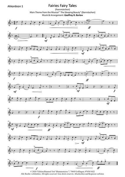 Fairies Fairy Tales, Geoffrey D. Barlow, Akkordeonorchester, Hauptthema aus dem Musical Dornröschen, Easy-Stimme, Kiddy-Stimme, leicht-mittelschwer, Akkordeon Noten, Notenbeispiel