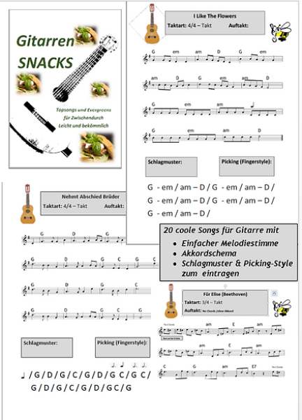 Gitarren Snacks, Gottfried Hummel, Gitarre, Spielheft, Soloband, Evergreens, Topsongs, leicht, Gitarren Noten, einfache Spielstücke, Gitarre spielen lernen, Probeseiten