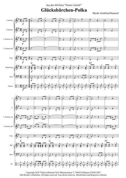 Glücksbärchen, Polka, Gottfried Hummel, Akkordeonorchester, Unterhaltungsmusik, U-Mucke, leicht, Easy-Stimme, Akkordeon Noten