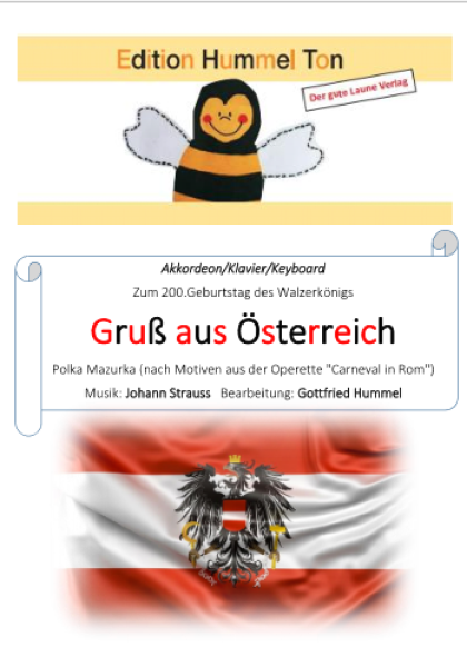 Gruß aus Österreich, Johann Strauss, Gottfried Hummel, Akkordeon-Solo, Standardbass MII, Klavier, Keyboard, Einzelausgabe, nach Motiven der Operette "Carneval in Rom", mittelschwer, Akkordeon Noten, Cover