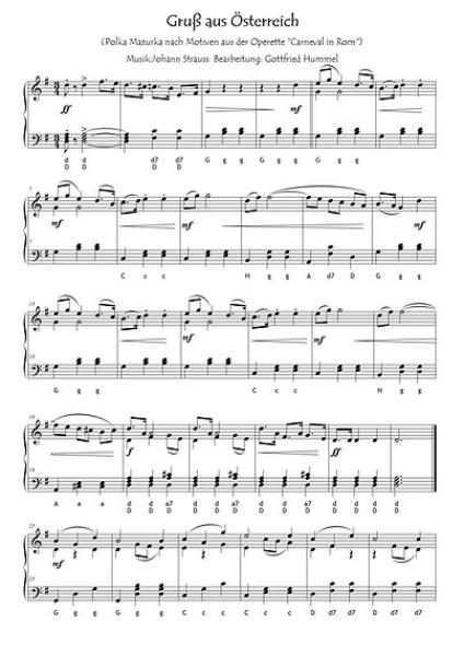 Gruß aus Österreich, Johann Strauss, Gottfried Hummel, Akkordeon-Solo, Standardbass MII, Klavier, Keyboard, Einzelausgabe, nach Motiven der Operette "Carneval in Rom", mittelschwer, Akkordeon Noten, Notenbeispiel