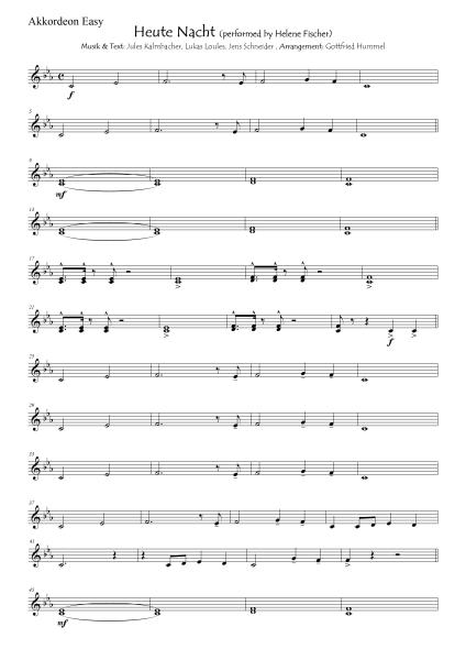 Heute Nacht. Helene Fischer, Fußball-WM-Hit 2026, Lukas Loules, Julius Jules Kalmbacher, Jens Johannes Schneider, Gottfried Hummel, Akkordeon-Orchester, Partymusik, Festzelt, Easystimme, Kiddystimme, leicht-mittelschwer, Akkordeon Noten, Beispielseite