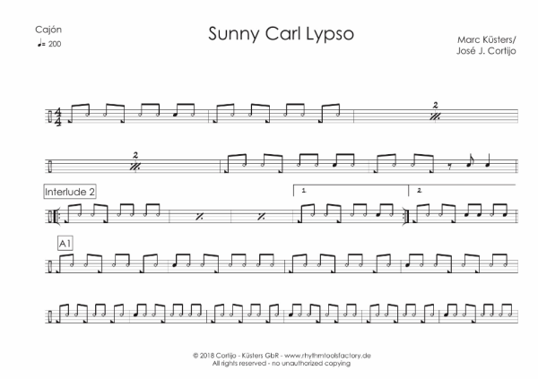 iPlay Cajón Vol. I, Prof. José J. Cortijo, Marc Küsters, Lehr- und Schulungsmaterial für Cajón auf CD-Rom, 11 Playalongs, ausdruckbare Noten, vollständig transkribierte Cajón-Soli, verschiedene Genres, Level 2-5, Cajon Noten, Probeseite