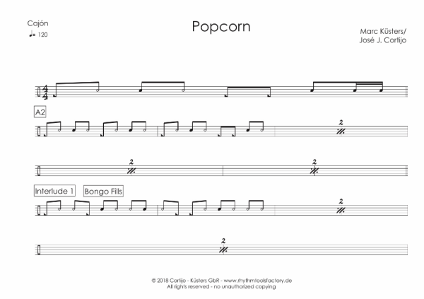 iPlay Cajón Vol. I, Prof. José J. Cortijo, Marc Küsters, Lehr- und Schulungsmaterial für Cajón auf CD-Rom, 11 Playalongs, ausdruckbare Noten, vollständig transkribierte Cajón-Soli, verschiedene Genres, Level 2-5, Cajon Noten, Notenbeispiel