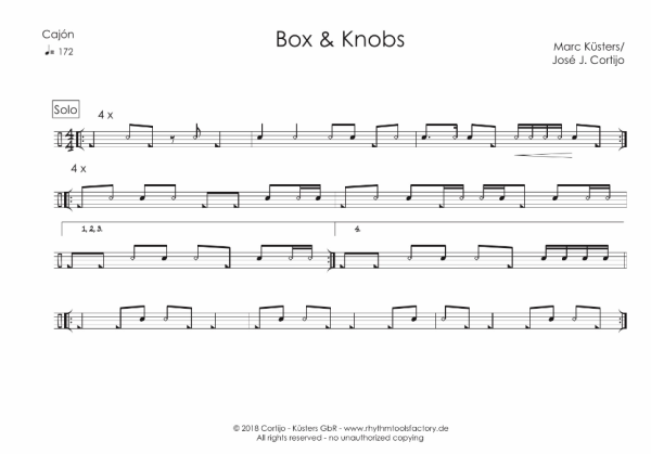iPlay Cajón Vol. I, Prof. José J. Cortijo, Marc Küsters, Lehr- und Schulungsmaterial für Cajón auf CD-Rom, 11 Playalongs, ausdruckbare Noten, vollständig transkribierte Cajón-Soli, verschiedene Genres, Level 2-5, Cajon Noten, Blick in die Noten