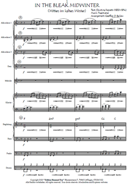 In The Bleak Midwinter, Geoffrey D. Barlow, Gottfried Hummel, Akkordeonorchester, Carol, Weihnachtslied, Adventskonzert, Weihnachtskonzert, mittelschwer, Easy-Stimme, Akkordeon Noten, Weihnachtsnoten