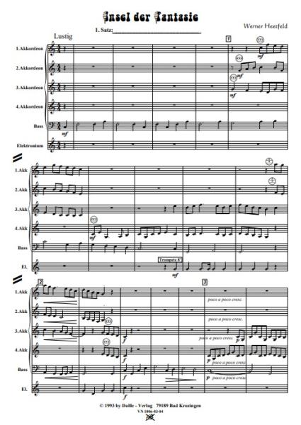 Insel der Fantasie, Werner Heetfeld, Schüler-Orchester, Akkordeon-Orchester, Suite in 4 Sätzen, viersätzig, leicht, Akkordeon Noten, erste Orchesterstücke, Probeseite