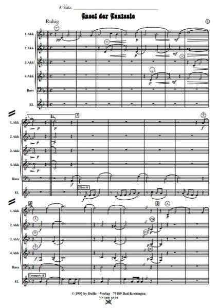 Insel der Fantasie, Werner Heetfeld, Schüler-Orchester, Akkordeon-Orchester, Suite in 4 Sätzen, viersätzig, leicht, Akkordeon Noten, erste Orchesterstücke, Beispielseite