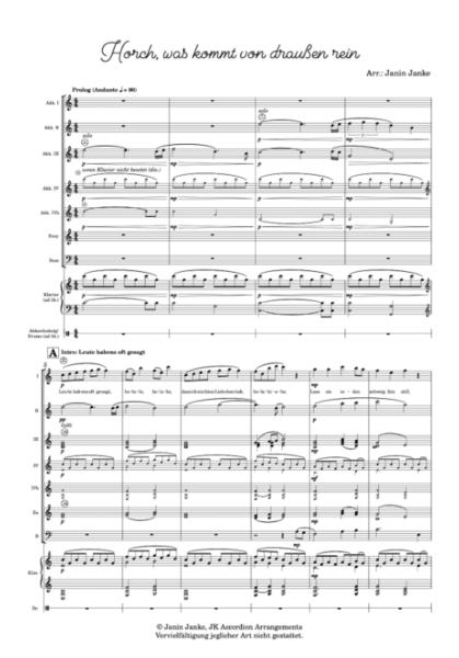 Horch, was kommt von draußen rein, Janin Janke, Akkordeon-Orchester, Akkordeon-Ensemble, deutsches Volkslied, deutsche Folklore, mittelschwer, Easy-Stimme, Akkordeon Noten, Beispielseite