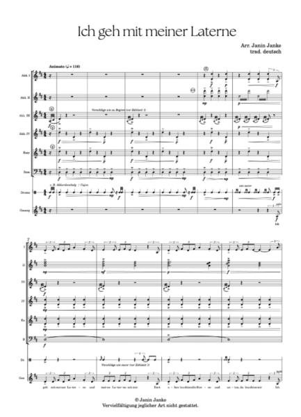 Ich geh mit meiner Laterne, Janin Janke, Akkordeon-Orchester, Akkordeon-Ensemble, deutsches Volkslied, deutsche Folklore, mittelschwer, Easy-Stimme, Akkordeon Noten, Blick in die Noten
