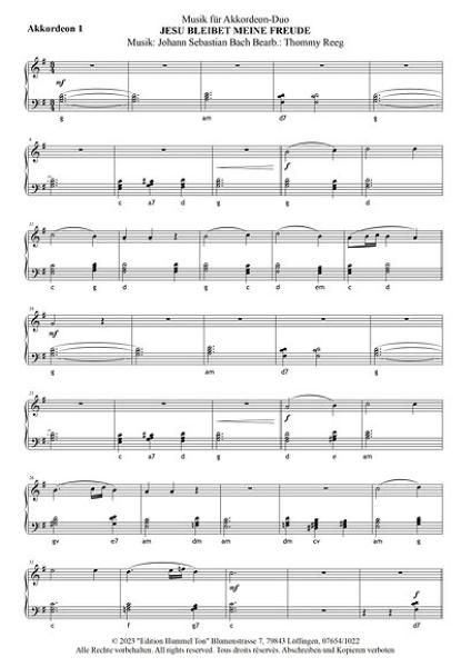 Jesu bleibet meine Freude, Johann Sebastian Bach, Thommy Reeg, Spielstück für Akkordeon-Duo, Standardbass MII, mittelschwer, Akkordeon Noten, BWV 147, Probeseite