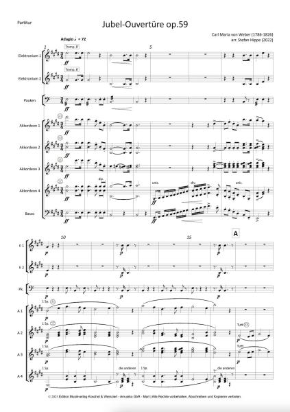 Jubel-Ouvertüre, Carl Maria von Weber, Stefan Hippe, Akkordeon-​Orchester, Hymne, pompös, schwer, Oberstufe-Höchststufe, Akkordeon Noten, Probeseite