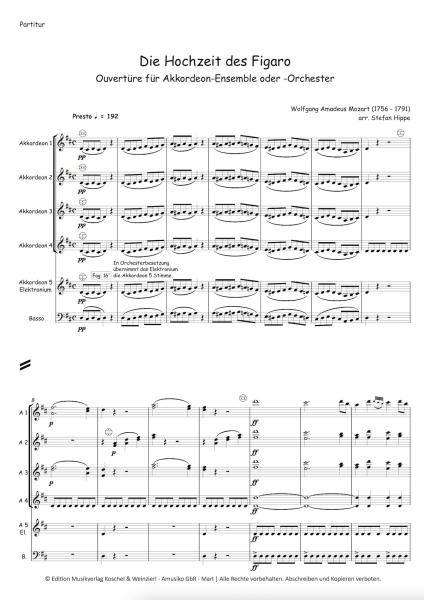 Ouvertüre zu "Die Hochzeit des Figaro", Wolfgang Amadeus Mozart, Stefan Hippe, Akkordeon-Ensemble, Akkordeon-Orchester, Oper, Zugabe, Eröffnungsstück, Konzertstück, (mittelschwer-) schwer, Akkordeon Noten, Notenbeispiel