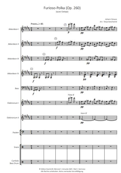 Furioso-Polka (Quasi Galopp), Johann Strauss, Tanja Geschwind, Akkordeon-Orchester, mittelschwer-schwer, Akkordeon Noten, Probeseite