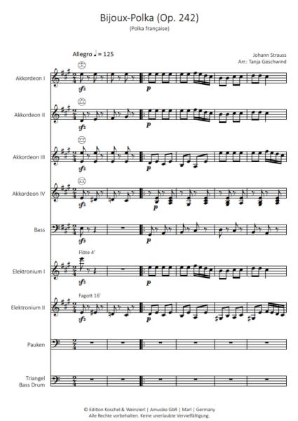 Bijoux-Polka, Johann Strauss, Tanja Geschwind, Akkordeon-Orchester, Polka française, mittelschwer-schwer, Akkordeon Noten, Notenbeispiel