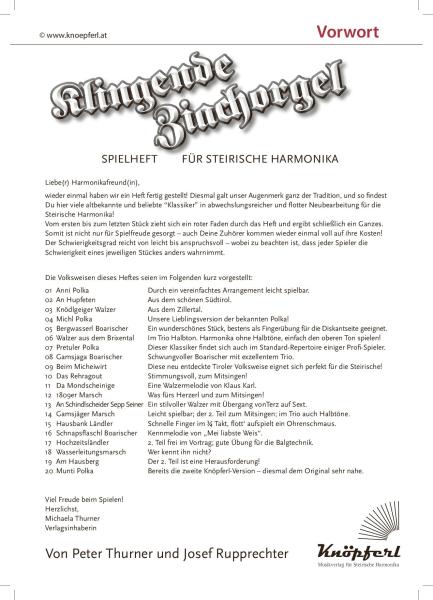 Klingende Ziachorgel, Peter Thurner, Josef Rupprechter, Steirische Harmonika, Griffschrift, Spielheft, Soloband, 19 innovative Stücke, für Bühne & Konzert, Klassiker der Volksmusik, bekannte Volkslieder, traditionelle Volksweisen, Neubearbeitungen, modern