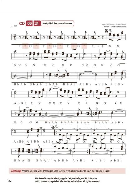 Knöpferl Gaudi auf der Walleralm, Peter Thurner, Steirische Harmonika, Griffschrift, Spielheft, Soloband, mittelschwer-schwer, ​inkl. Audio-CD, Harmonika Noten, Beispielseite