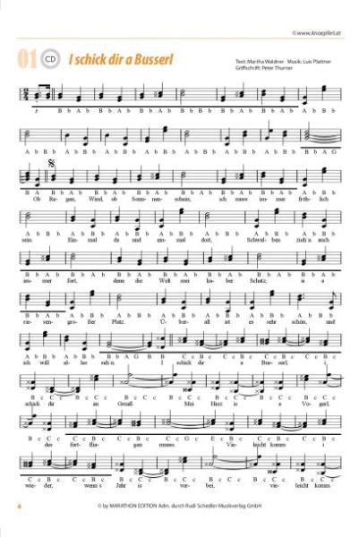 Knöpferlstadl, Peter Thurner, Steirische Harmonika, Griffschrift, Spielheft, Soloband, Unterhaltungsmusik, Unterhaltungslieder, Evergreens, Polka, Walzer, Jodler, leicht-mittelschwer, ​inkl. Audio-CD, Harmonika Noten, Probeseite
