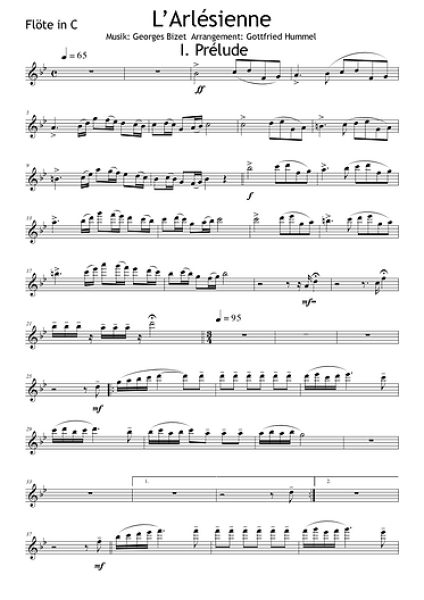 L' Arlésienne, Georges Bizet, Gottfried Hummel, Kammermusikbearbeitung, Holzblasinstrument, Querflöte, Oboe, Klarinette, Klavier, Suite in 4 Sätzen, schwer, Grad 4, Oberstufe, Kammermusik Noten, Beispielseite
