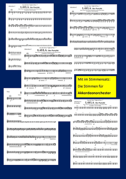 LAYLA, Sommerhit 2022, Dennis Geist, Thomas Wendt, Robin Leutner, Michael Müller, Gottfried Hummel, Akkordeon-Orchester, Partymusik, Mallorca, Malle, Festzelt, Easystimme, Kiddystimme, leicht-mittelschwer, Akkordeon Noten, Besetzung