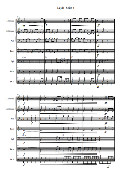 LAYLA, Sommerhit 2022, Dennis Geist, Thomas Wendt, Robin Leutner, Michael Müller, Gottfried Hummel, Akkordeon-Orchester, Partymusik, Mallorca, Malle, Festzelt, Easystimme, Kiddystimme, leicht-mittelschwer, Akkordeon Noten, Blick in die Partitur