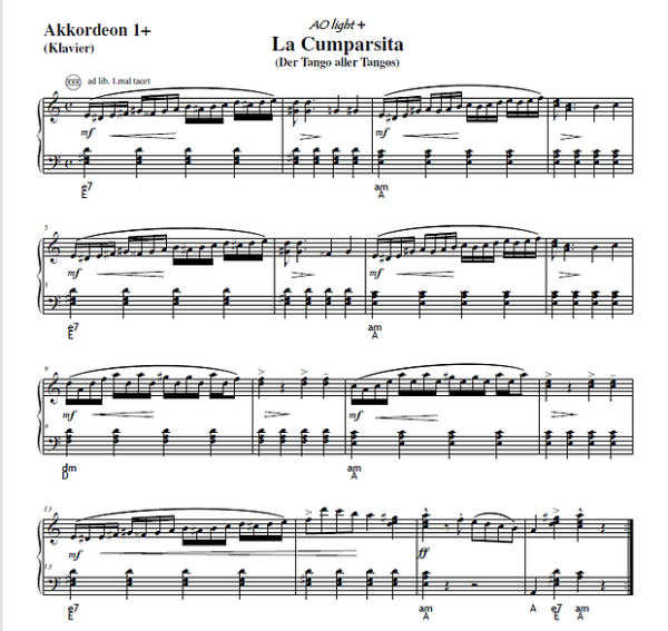 La Cumparsita, Tango, Gerardo Matos Rodriguez, Gottfried Hummel, Akkordeonorchester, Klassiker, leicht-mittelschwer, Easy-Stimme, Akkordeon Noten