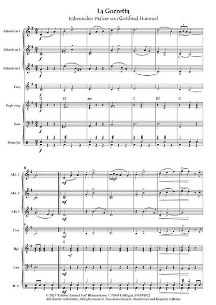 La Gozzetta, Gottfried Hummel, Akkordeonorchester, italienischer Walzer, musikalische Erinnerung, Toskana, Easy-Stimme, Kiddy-Stimme, leicht-mittelschwer, Akkordeon Noten, Blick in die Partitur