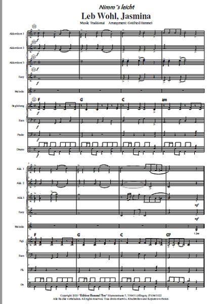 Leb Wohl, Jasmina, Gottfried Hummel, Akkordeonorchester, Schlager, Evergreen, Unterhaltungsmusik, mittelschwer, Easy-Stimme, Akkordeon Noten, Sommerkonzert, Unterhaltungsauftritt