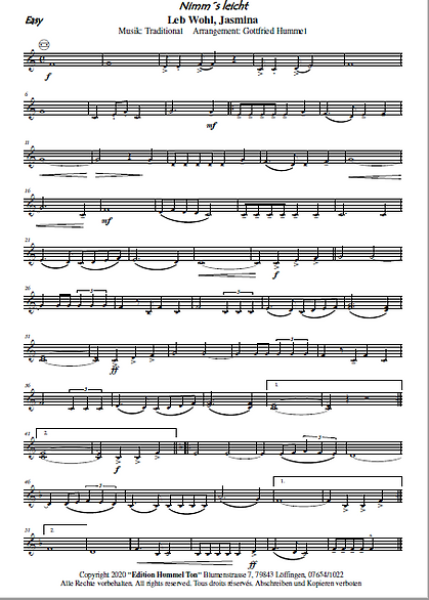 Leb Wohl, Jasmina, Gottfried Hummel, Akkordeonorchester, Schlager, Evergreen, Unterhaltungsmusik, mittelschwer, Easy-Stimme, Akkordeon Noten, Sommerkonzert, Unterhaltungsauftritt