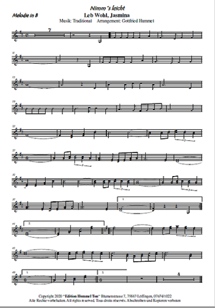 Leb Wohl, Jasmina, Gottfried Hummel, Akkordeonorchester, Schlager, Evergreen, Unterhaltungsmusik, mittelschwer, Easy-Stimme, Akkordeon Noten, Sommerkonzert, Unterhaltungsauftritt