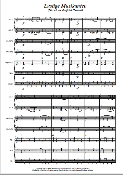 Lustige Musikanten, Marsch, Gottfried Hummel, Akkordeonorchester, leicht-mittelschwer, Akkordeon Noten