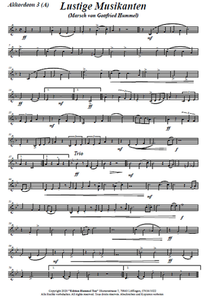 Lustige Musikanten, Marsch, Gottfried Hummel, Akkordeonorchester, leicht-mittelschwer, Akkordeon Noten
