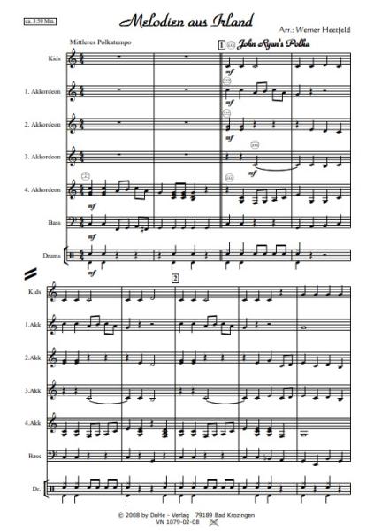 Melodien aus Irland, Werner Heetfeld, Akkordeon-Orchester, Medley, Potpourri, Polka, Air, leicht, Kiddystimme, Easy-Stimme, Akkordeon Noten, Notenbeispiel