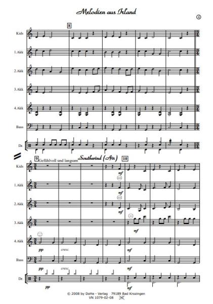 Melodien aus Irland, Werner Heetfeld, Akkordeon-Orchester, Medley, Potpourri, Polka, Air, leicht, Kiddystimme, Easy-Stimme, Akkordeon Noten, Einblick in die Noten