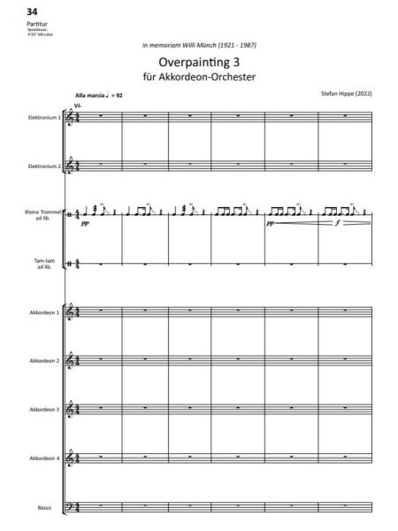 Overpainting I-VI, Wolfgang Jacobi, Stefan Hippe, Akkordeon-Orchester, Auftragskomposition, 6 Sätze, sechssätzig, Übermalung spanischer Volkslieder, sehr schwer, anspruchsvoll, Höchststufe, Akkordeon Noten, Blick in die Partitur