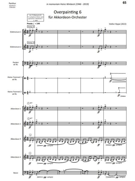 Overpainting I-VI, Wolfgang Jacobi, Stefan Hippe, Akkordeon-Orchester, Auftragskomposition, 6 Sätze, sechssätzig, Übermalung spanischer Volkslieder, sehr schwer, anspruchsvoll, Höchststufe, Akkordeon Noten, Beispielnoten