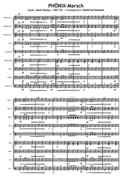 PHÖNIX-Marsch, Josef Strauß, Gottfried Hummel, Akkordeonorchester, Eröffnungsstück, Konzertopener, mittelschwer, Easy-Stimme, Akkordeon Noten
