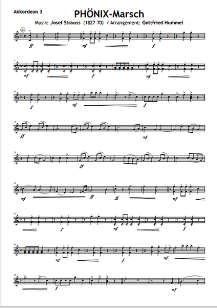 PHÖNIX-Marsch, Josef Strauß, Gottfried Hummel, Akkordeonorchester, Eröffnungsstück, Konzertopener, mittelschwer, Easy-Stimme, Akkordeon Noten