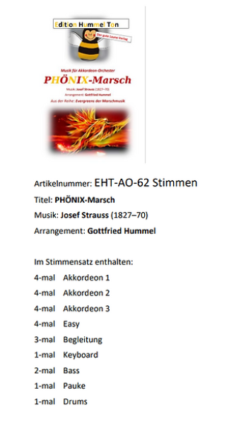 PHÖNIX-Marsch, Josef Strauß, Gottfried Hummel, Akkordeonorchester, Eröffnungsstück, Konzertopener, mittelschwer, Easy-Stimme, Akkordeon Noten