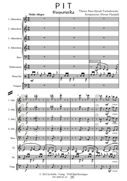 PIT Humoreske, Peter Iljitsch Tschaikowsky, Werner Heetfeld, Originalkomposition, Akkordeon-Orchester und Solo-Elektronium, Thema aus Klavierkonzert, Konzertstück, anspruchsvoll, schwer, Originalmusik, Akkordeon Noten, Probeseite