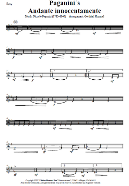 Paganini's Andante Innocentamente, Niccolò Paganini, Gottfried Hummel, Akkordeonorchester, mittelschwer, Easy-Stimme, Teufelsgeiger, Akkordeon Noten