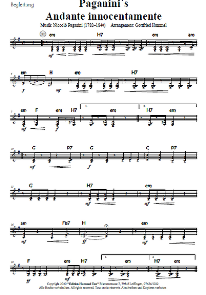 Paganini's Andante Innocentamente, Niccolò Paganini, Gottfried Hummel, Akkordeonorchester, mittelschwer, Easy-Stimme, Teufelsgeiger, Akkordeon Noten