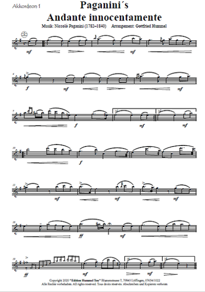 Paganini's Andante Innocentamente, Niccolò Paganini, Gottfried Hummel, Akkordeonorchester, mittelschwer, Easy-Stimme, Teufelsgeiger, Akkordeon Noten