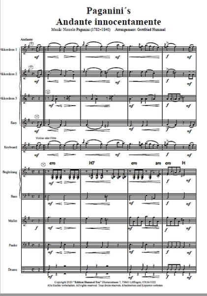 Paganini's Andante Innocentamente, Niccolò Paganini, Gottfried Hummel, Akkordeonorchester, mittelschwer, Easy-Stimme, Teufelsgeiger, Akkordeon Noten
