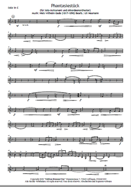 Phantasiestück, Nils Wilhelm Gade, Uli Neumann, Akkordeonorchester und Soloinstrument, Romantik pur, mittelschwer, Akkordeon Noten