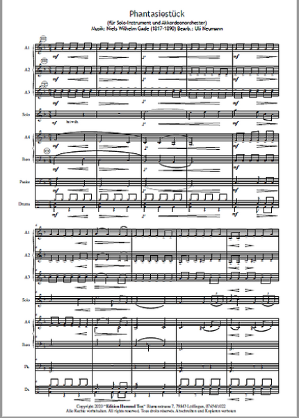 Phantasiestück, Nils Wilhelm Gade, Uli Neumann, Akkordeonorchester und Soloinstrument, Romantik pur, mittelschwer, Akkordeon Noten